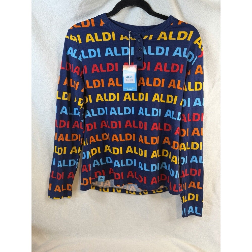 ALDI Gear Ladies Pajama Top Long Sleeve Henley Logo Print Navy Size M NWT